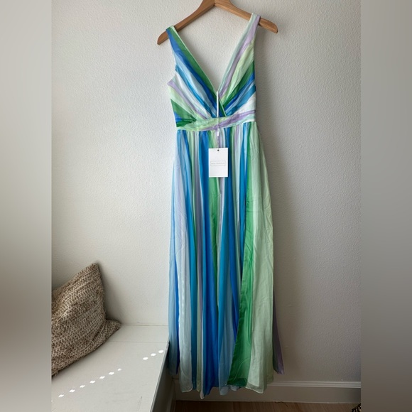 MAC DUGGAL | blue green multicolor stripe plunge maxi gown 4 - Picture 6 of 14